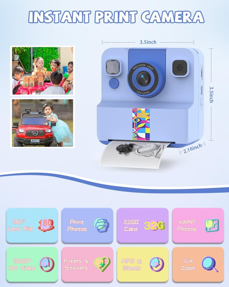 Sylvanthos Kids Camera Instant Print, Digital Camera for Kids, 180° Rotating Selfie Lens with 32GB SD Card & 2 Rolls Printing Paper Kids Toy Birthday Gifts for Boys Girls Ages 3-12, Blue - Image 2